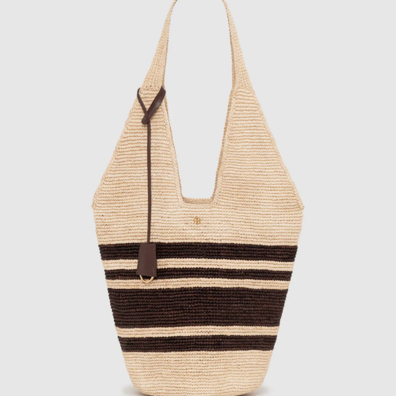 ANINE BING LEAH STRIPES HOBO RAPHIA NATURAL BROWN